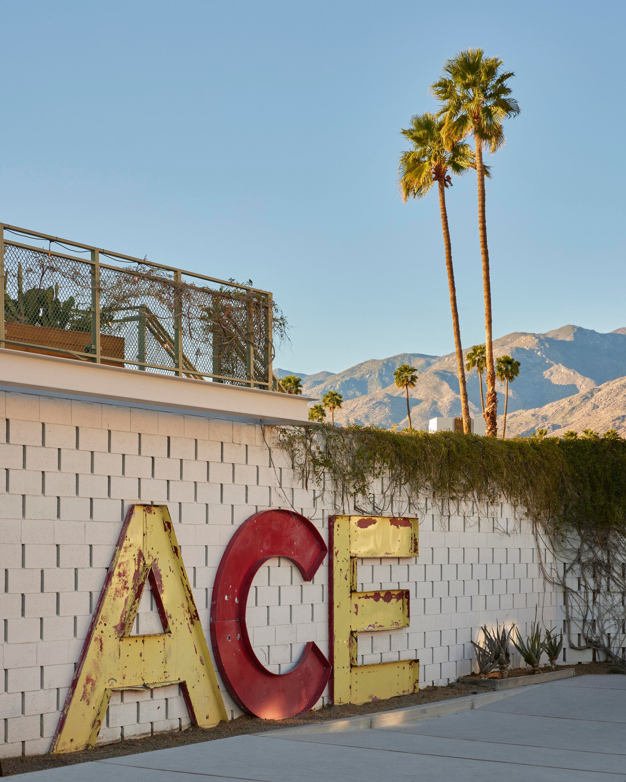 The weathered ACE letters mounted on a concrete-block screen wall with palms and mountains behind