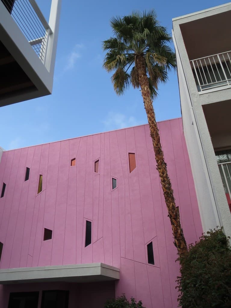 Pink façade with window cutouts and a palm against blue sky