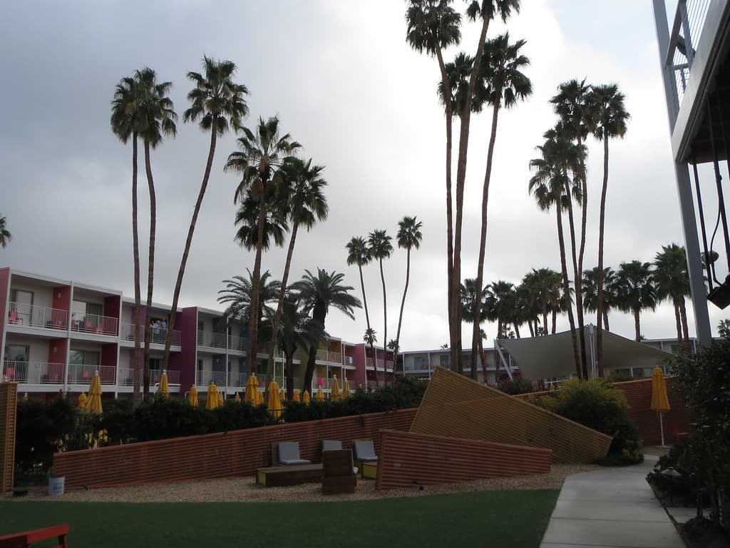 The pool courtyard ringed by colored balconies under palms